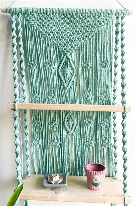 Sky Blue Cotton And Wooden Handmade Macrame Wall Hanging Double Shelf