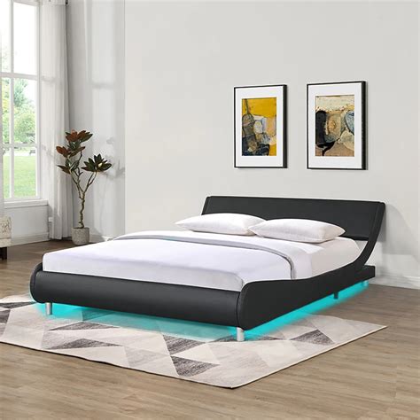 Queen Size Bett Kunstleder Gepolsterte Plattform Bett Rahmen Led