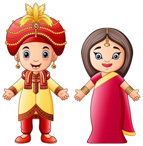 Pareja India De Dibujos Animados Con Trajes Tradicionales Vector Premium