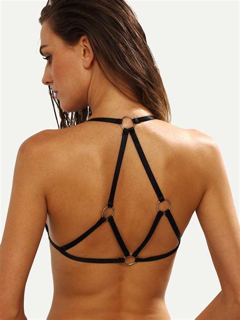 Black Ring Accent Caged Bikini Top Shein Sheinside