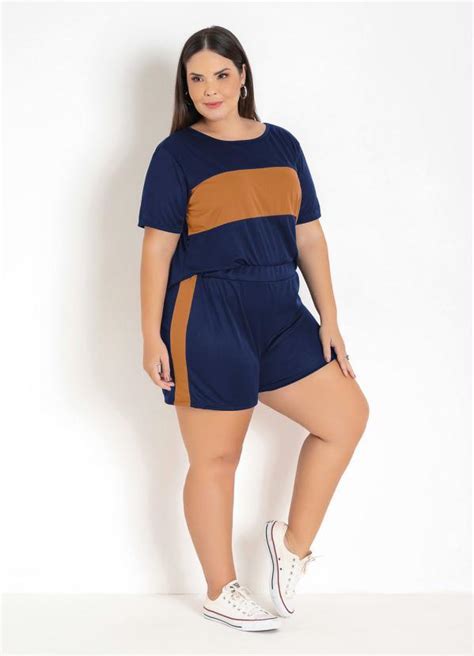 Conjunto Marinho E Caramelo Plus Size Marguerite