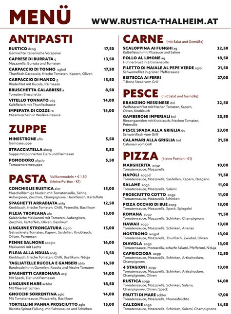 Speisekarte Pizzeria Trattoria Rustica Thalheim