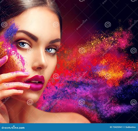 Woman With Bright Color Makeup Stock Image Image Of Artist Holi