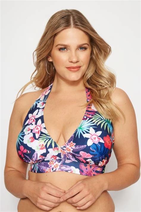 Donkerblauwe Halter Bikinitop Met Bloemenprint Grote Maten