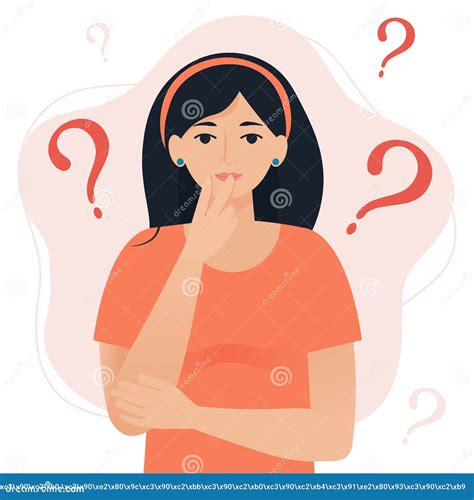 Thinking Woman With Question Marks Flat Cartoon Style Vector Illustration Stock Vector