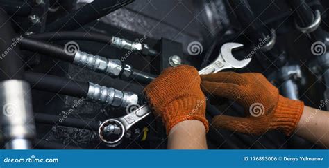 Banner With Close Up View Of Hydraulic Pipes Of Heavy Industry Machine