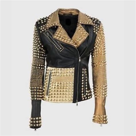 Women Studded Leather Jacket Golden Spiked Studs Coat Wear Etsy In