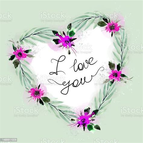 I Love You Postcard With A Heart Of Flowers And Leaves On A Green