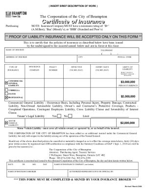 Form Canada Certificate Of Insurance City Of Brampton Fill