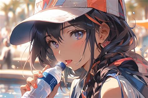 Premium AI Image | Anime girl drinking at the public fountain detail of ...