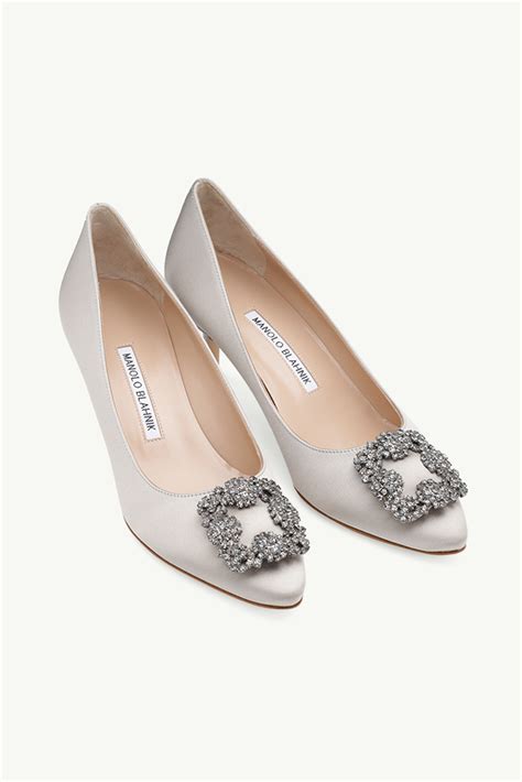 Manolo Blahnik Hangisi Cm Pumps In Light Grey Satin With Dark Crystal