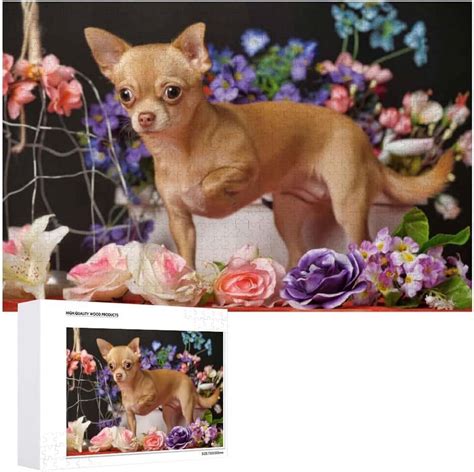 Wellsay Wooden Jigsaw Puzzles 500 Pieces Puppy Chihuahua And Flowers