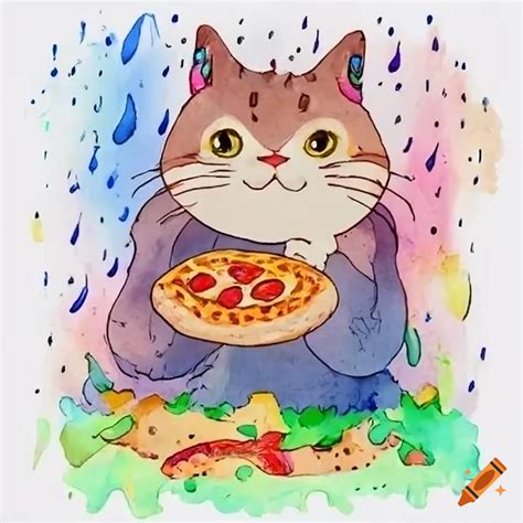 Enchanting Cat Character Enjoying Pizza In A Colorful Rain Shower