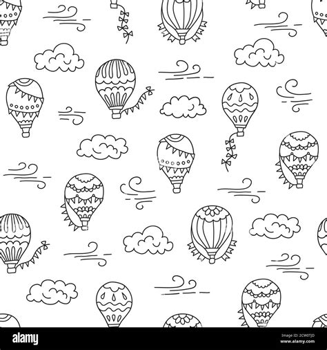Hot Air Balloons And Clouds Hand Drawn Seamless Pattern Vector Illustration In Doodle Style