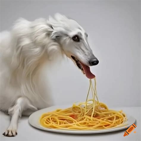 White Borzoi Eating Spaghetti On Craiyon