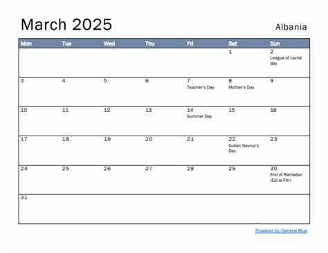 March 2025 - Albania Monthly Calendar with Holidays