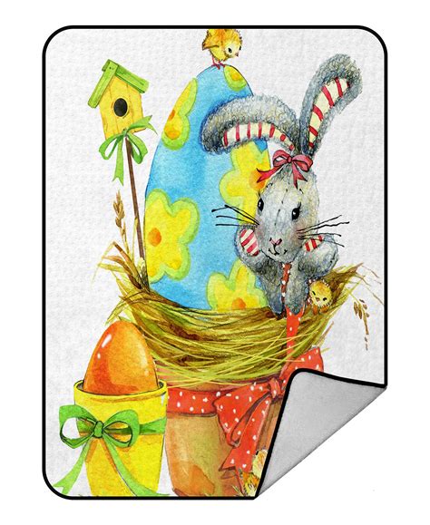 Phfzk Watercolor Blanket Easter Bunny Egg And Spring Chicken Fleece