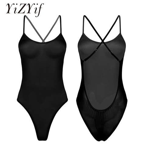Women Sexy Lingerie One Piece Leotard Bodysuit See Through Sheer Back Crossed High Cut Thong