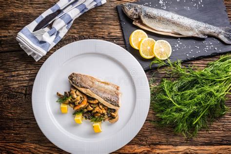 Fish Trout with Mushrooms and Vegetable on Plate in Hotel or Res Stock Image - Image of lunch ...