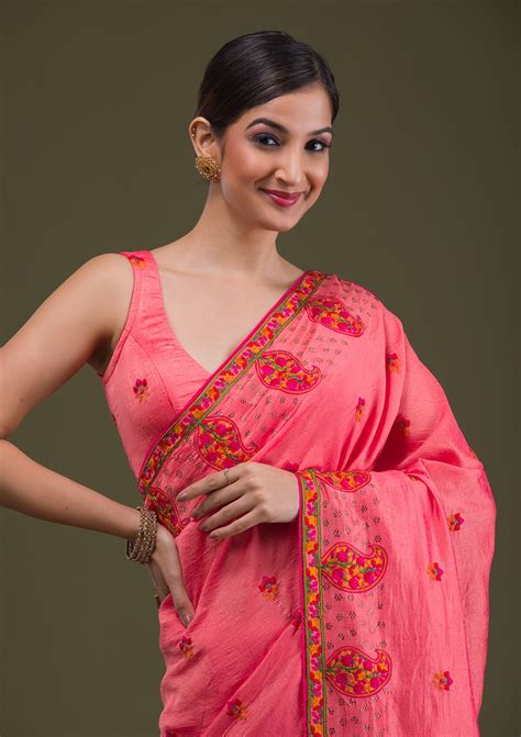 Buy Pink Threadwork Raw Silk Saree Koskii