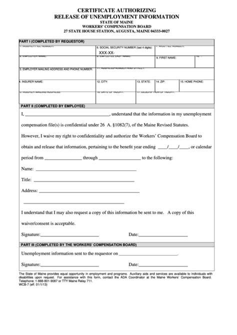 Fillable Form Wcb 7 Certificate Authorizing Release Of Unemployment