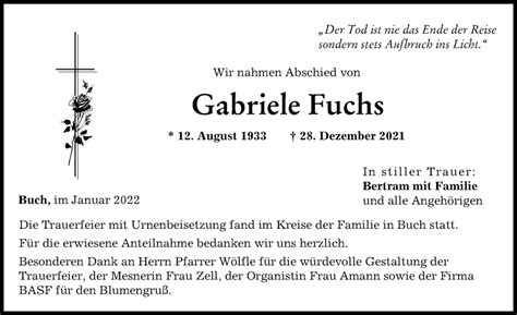 Traueranzeigen Von Gabriele Fuchs Augsburger Allgemeine Zeitung