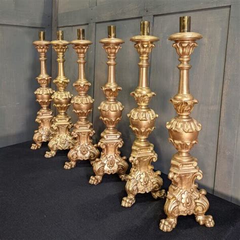 Carved Wooden Vintage Baroque Style Big 6 Church Altar Candlesticks