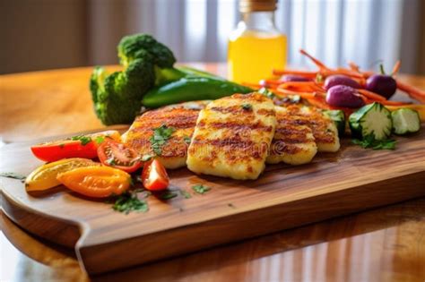 Halloumi And Sliced Vegetables On Cedar Plank Stock Illustration