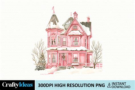 Pink Christmas House Watercolor Clipart Graphic By Craftyideas