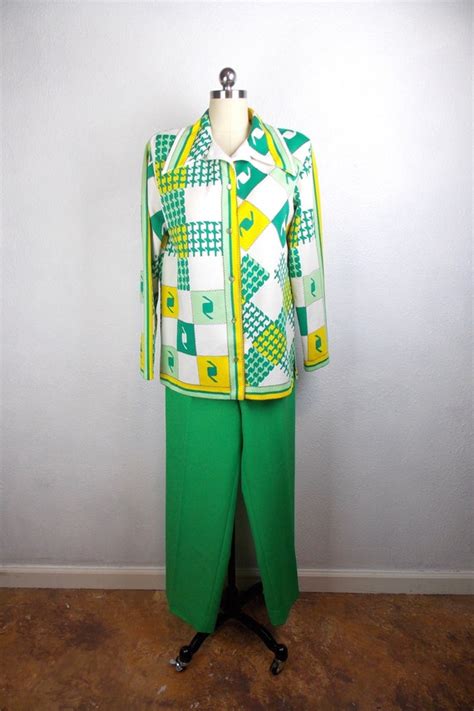 1970 S Women S Pantsuit Polyester Knit Green And Yell Gem