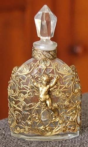 Vintage Gold Filigree Glass With Cherub Motif Perfume Bottle Scent