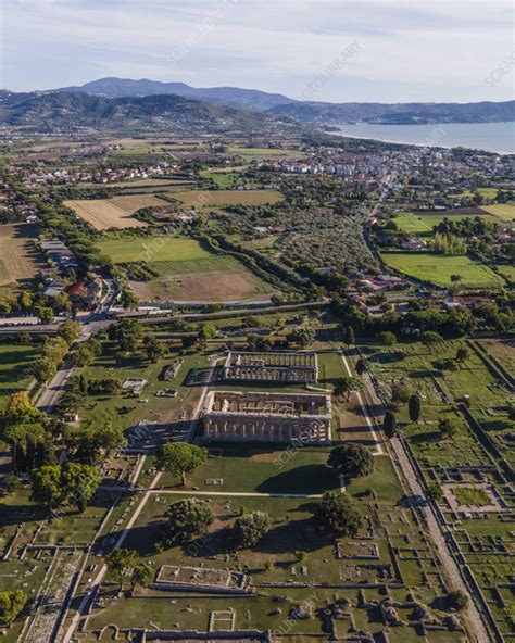 Aerial View Of Temple Of Hera And Poseidon Paestum Italy Stock