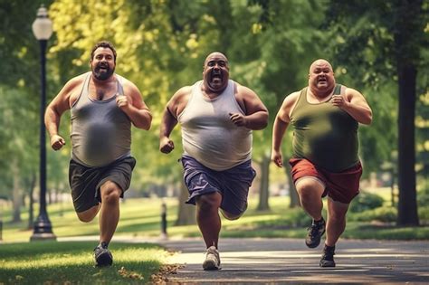 Premium Photo Group Of Fat Male Runners With Obesity Runs In Park In