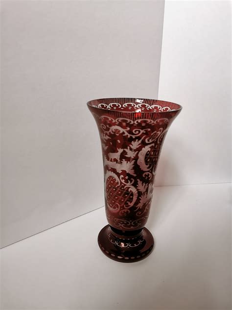 Rare Early Etched Cranberry Glass Vase Etsy