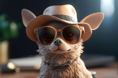 Premium Photo | Funny cool dog wearing sunglasses and hat looking at camera generative ai