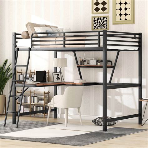 Modern Style Full Size Loft Bed With Desk And Shelf Metal And Mdf Loft Bed Frame With Safety