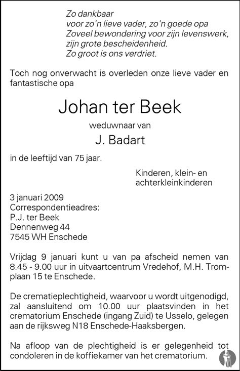 Johan Ter Beek 03 01 2009 Overlijdensbericht En Condoleances