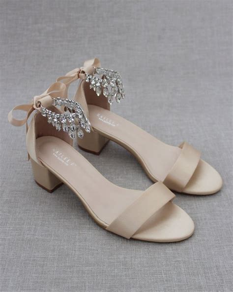 Champagne Satin Block Heel Sandal With Embellished Dangled Rhinestones