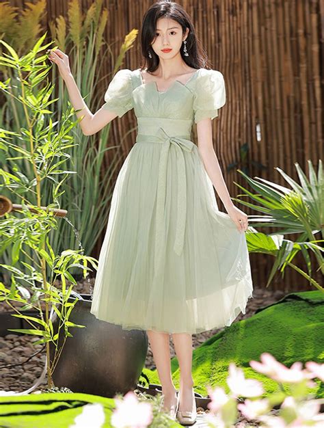 Green Short Sleeve Boho Wedding Guest Bridesmaid Midi Dress Dresses