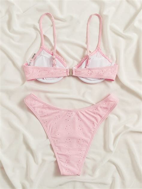 Shein Swim Mod Frill Trim Eyelet Embroidery Push Up Bikini Swimsuit Shein Usa