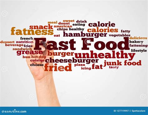 Fast Food Word Cloud And Hand With Marker Concept Stock Illustration