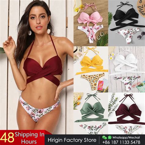 Hirigin Crossbody Bandage Sexy Flower Bikini Set Women Swimwear