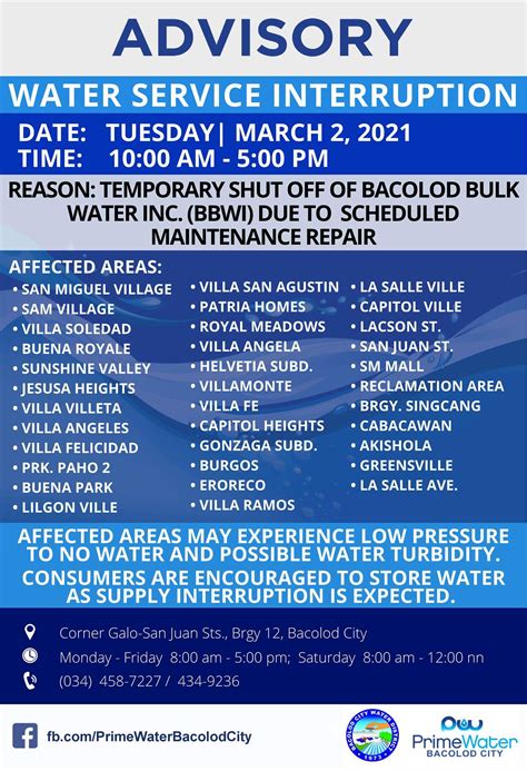 Baciwa Primewater Bacolod City Water Interruption Advisory March 2