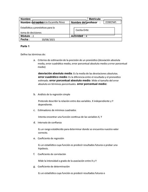 Actividad 4 estadistica y pronosticos Define los términos de a