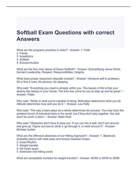 Softball Exam Questions With Correct Answers Softball Stuvia US