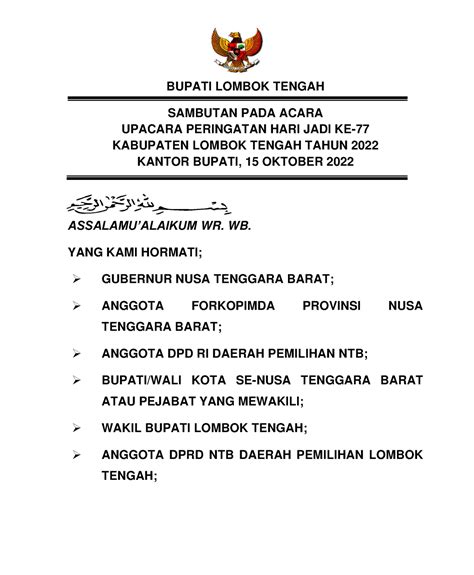 Naskah Pidato Bupati HUT Lombok Tengah Ke 77 BUPATI LOMBOK TENGAH