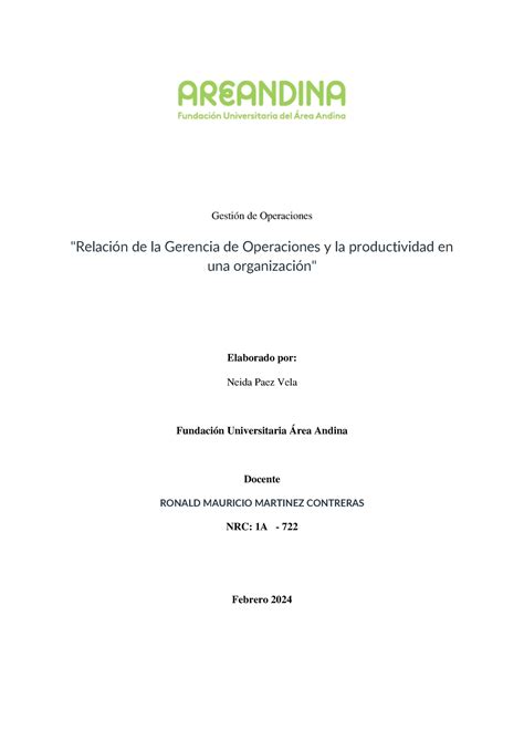 Eje 1 Gestion Operaciones Gestión De Operaciones Relación De La