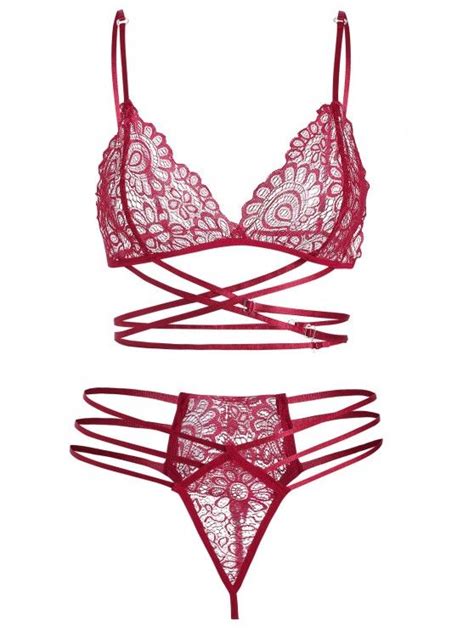 27 Off 2021 Lace Criss Cross Lingerie Bra Set In Red Wine Zaful