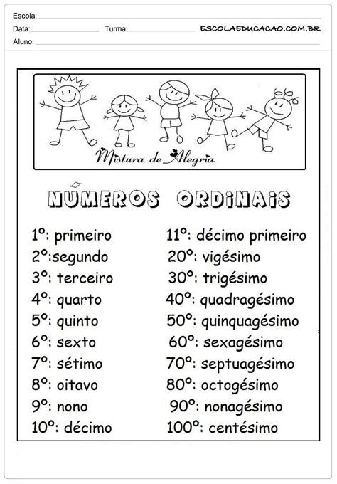 Atividades Números Ordinais para Alfabetização Números ordinais