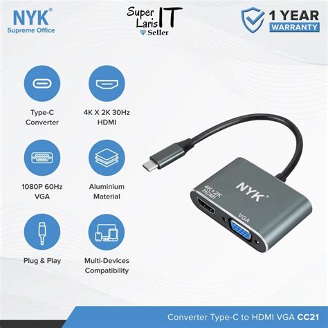 Jual NYK CC21 Kabel Converter USB Type C To Hdmi Vga Shopee Indonesia